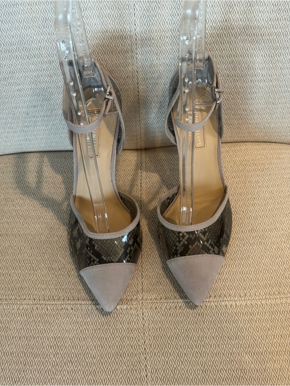 ANTONIO MELANI Two-Tone Gray Snake Print Pointed Pumps with Ankle Strap